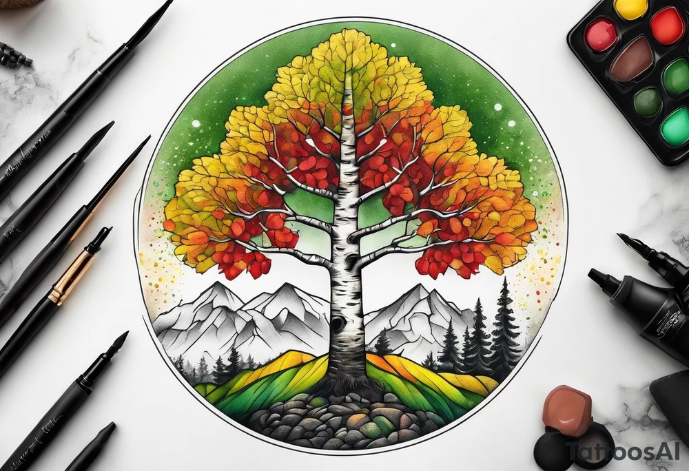 birch tree
with yellow, green and red colours tattoo idea