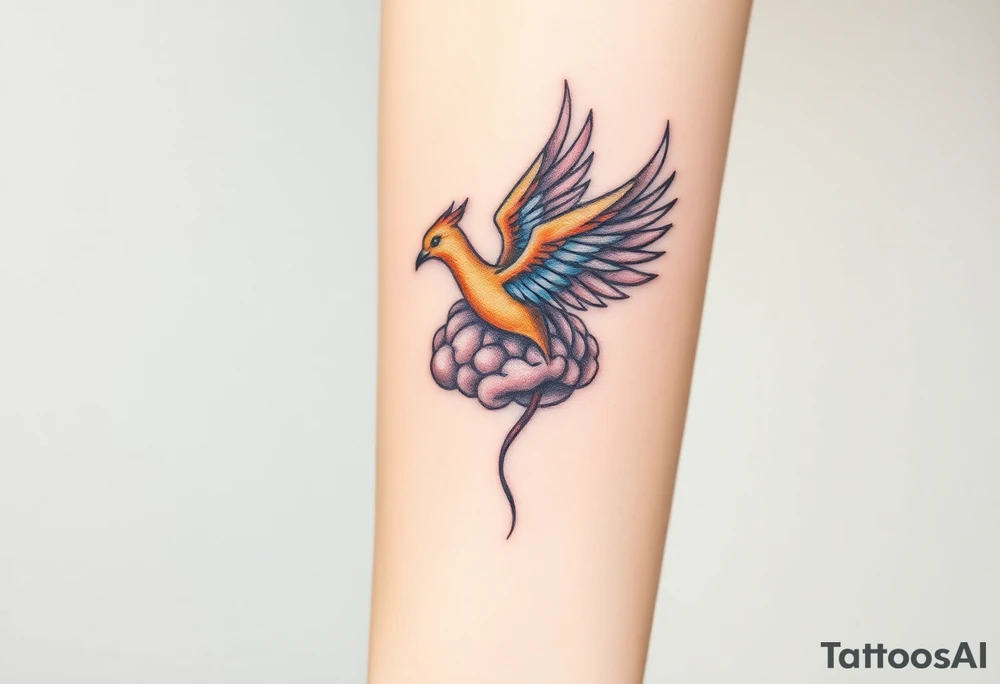 A phoenix flying out of a brain colorful tattoo idea