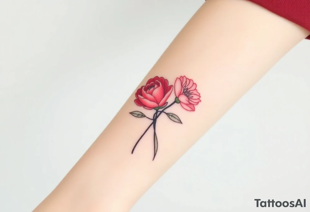 Pink peony deep red rose red poppy pink carnation outline tied with a ribbon tattoo idea