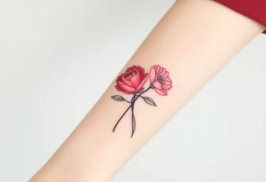 Pink peony deep red rose red poppy pink carnation outline tied with a ribbon tattoo idea