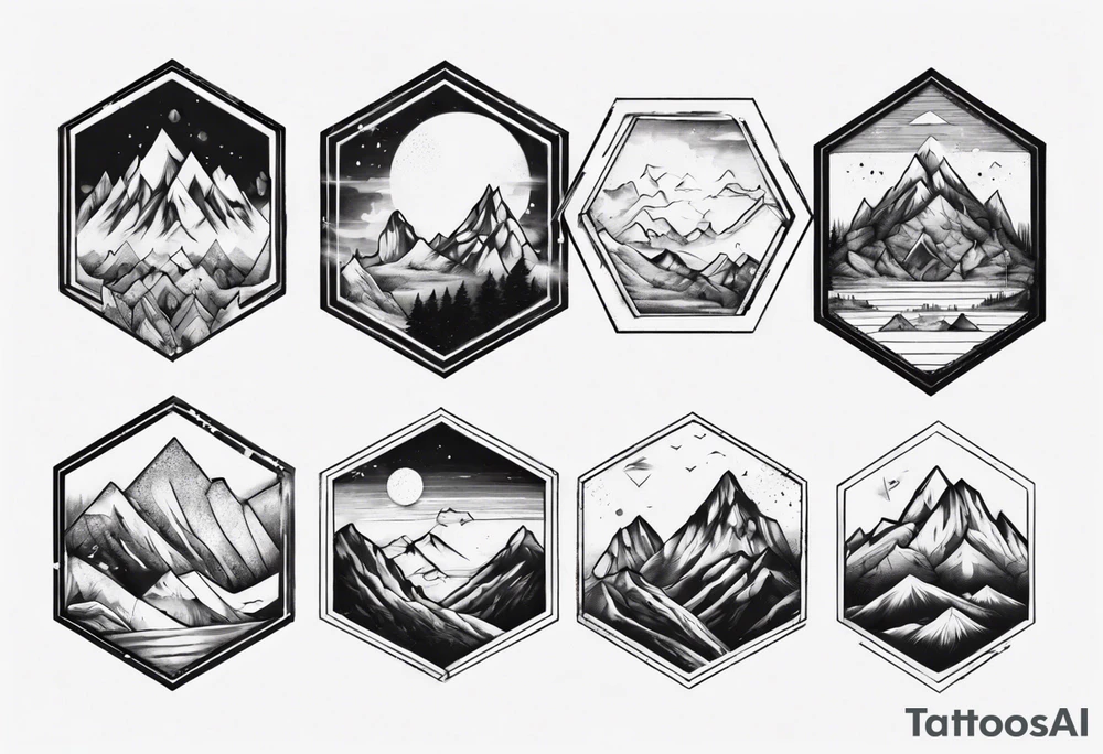 A hexagon with mountains extending beyond the boundary of the figure tattoo idea