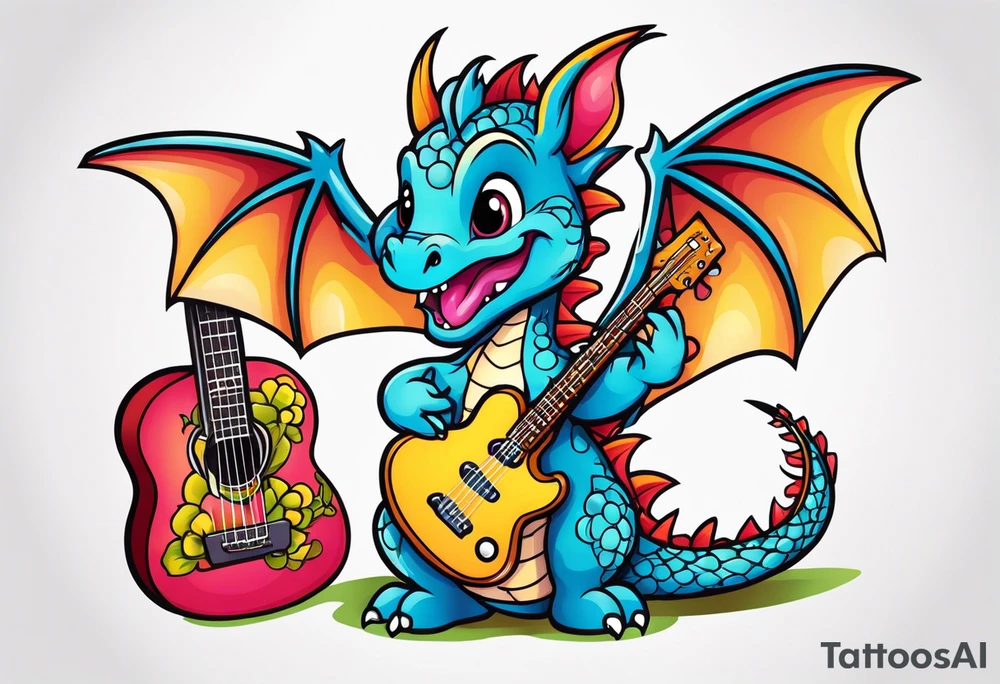 baby dragon with guitar tattoo idea