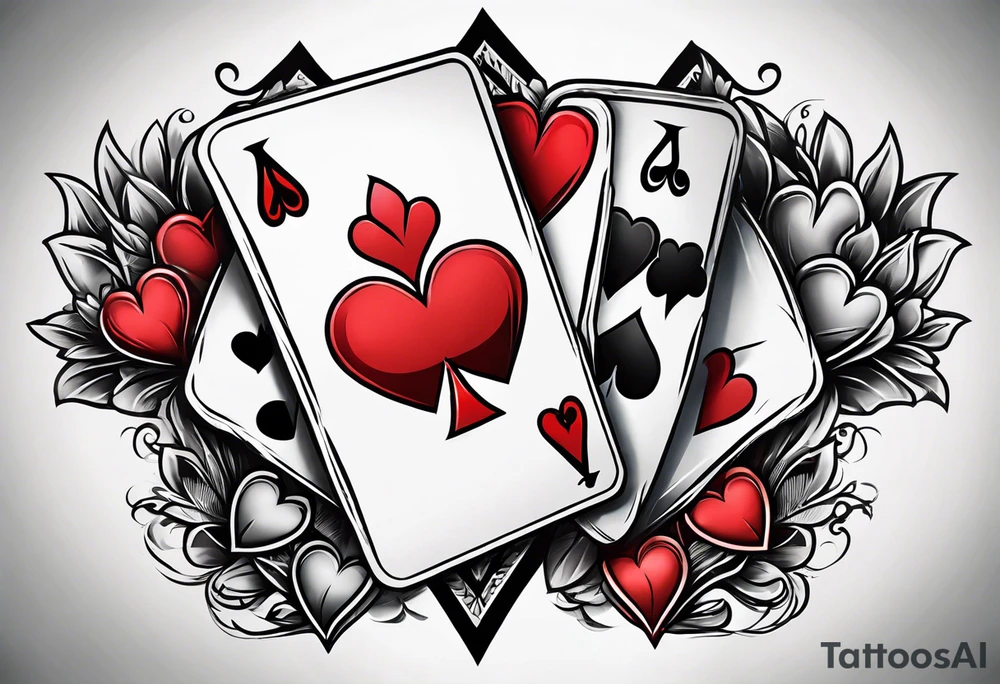 8 aces, overlapping in a row, first two faded/broken aces of hearts tattoo idea