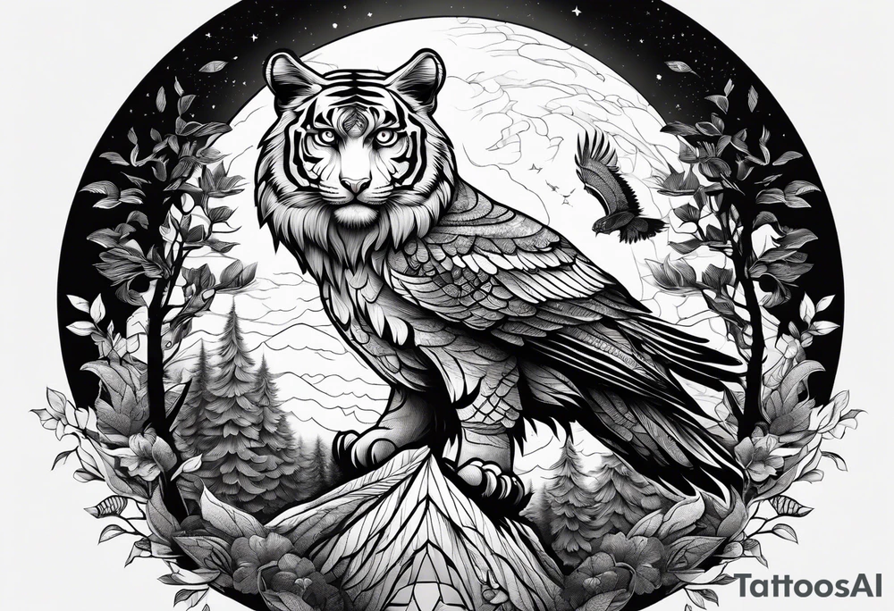 Tiger clawing a flying owl underneath a full moon in a forest tattoo idea