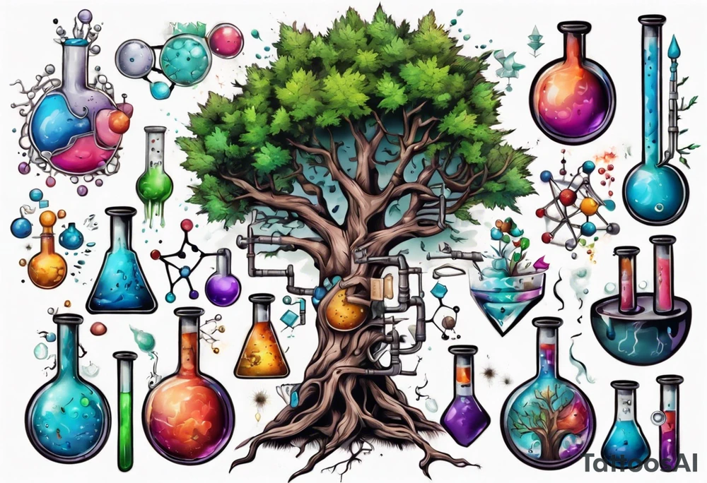 Tree with Chemistry items such as flasks and beakers filled with chemicals tattoo idea