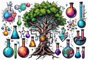 Tree with Chemistry items such as flasks and beakers filled with chemicals tattoo idea