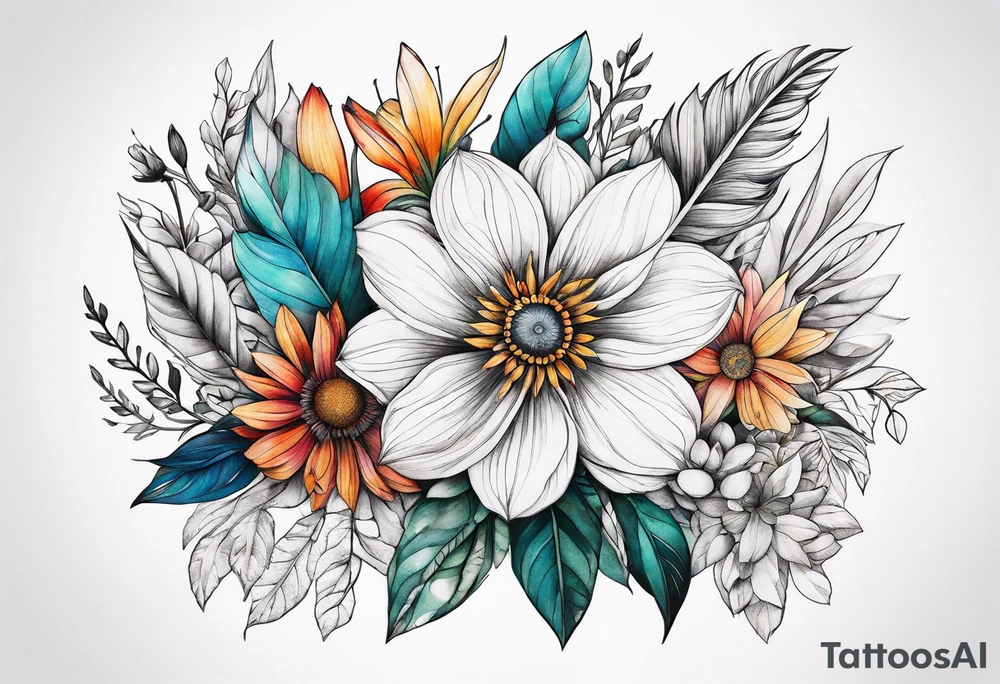 botanical, flowers, colorful, boho tattoo idea