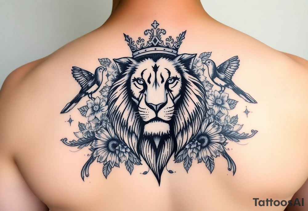 powerful majestic lion with a crown, surrounded by floral ornaments and birds tattoo idea