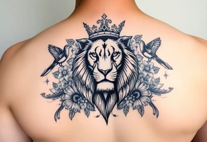 powerful majestic lion with a crown, surrounded by floral ornaments and birds tattoo idea