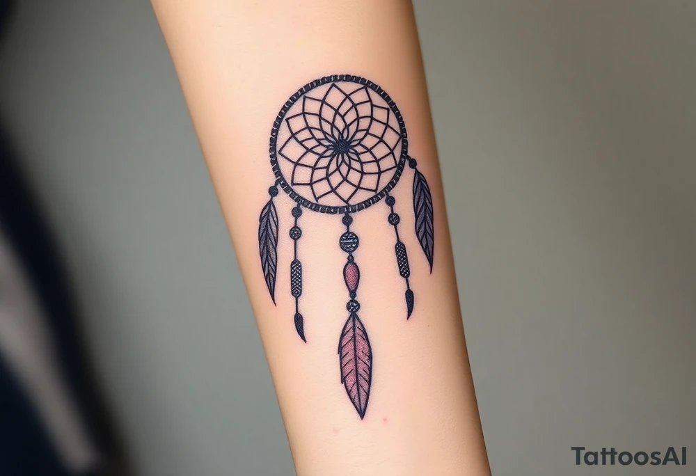 native dreamcatcher with flowing feathers and sacred beads tattoo idea