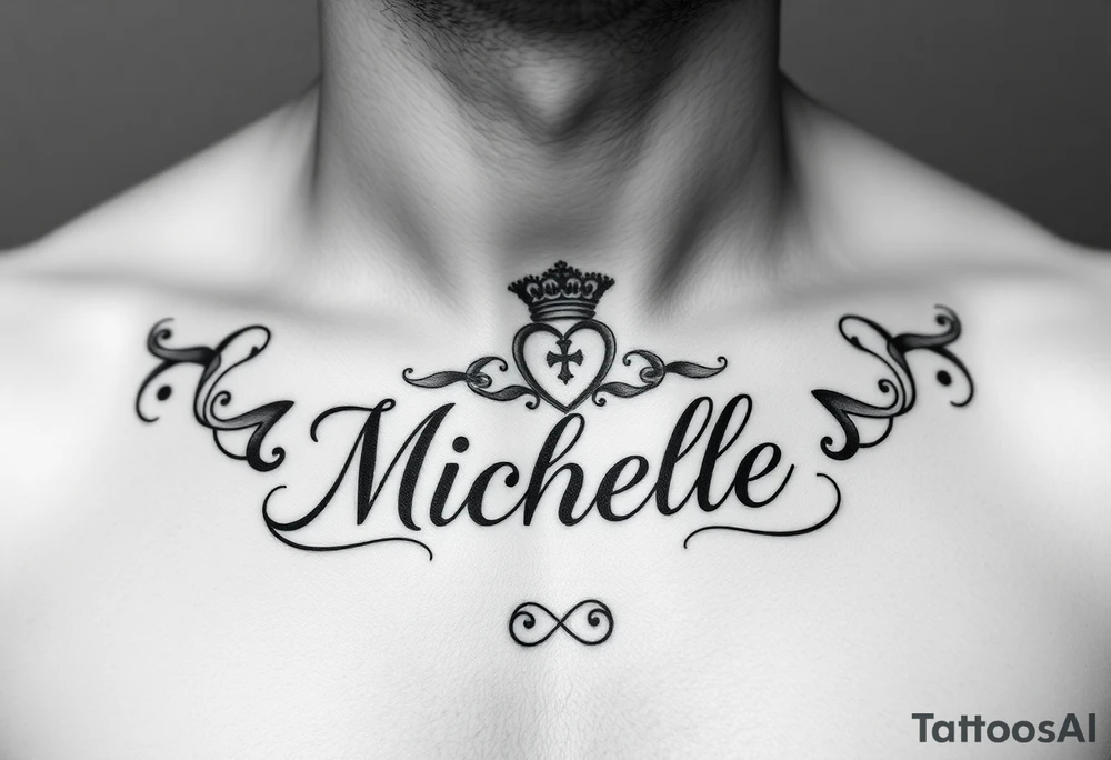 Design a tattoo for a man’s chest of a woman’s name (Michelle). There should be a claddagh and a Celtic knot entertwined. The bane Michelle should be in calligraphy and there should be a Celtic Irish tone tattoo idea