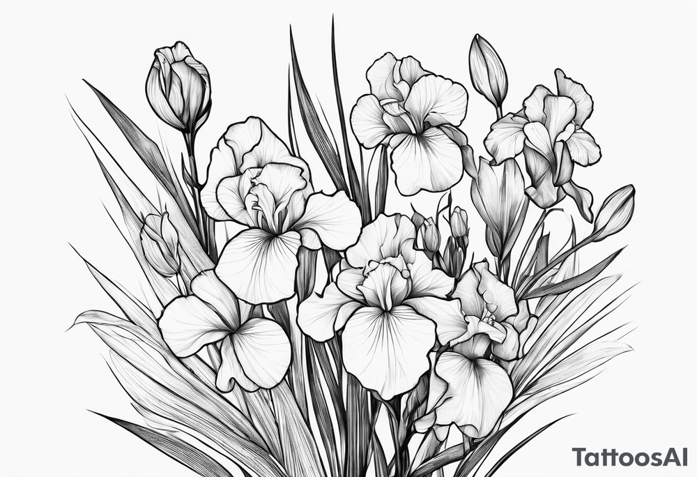 bouquet of biolet, primrose, and iris flowers tattoo idea