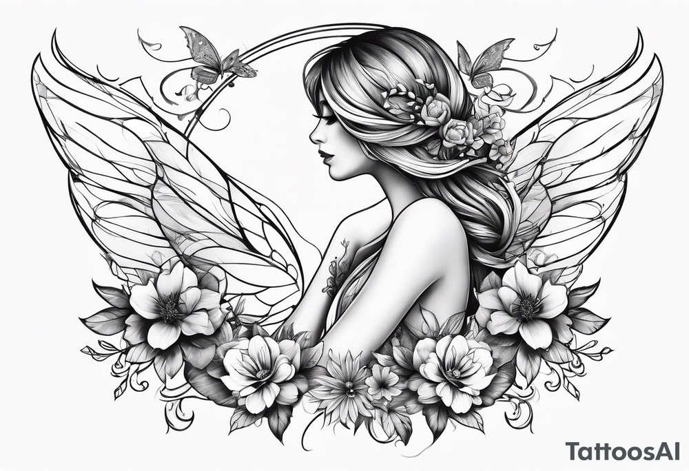 Flying Fairy with flowers tattoo idea