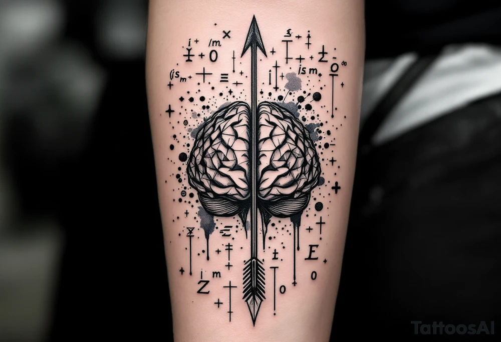 A vertical front-seen brain in geometric and straight lines, math symbols arround. A detailed arrow crosses from below and exit from the top, with its tip desintegrating to represent entropy and watercolor stains spilled from the arrow. Around of the main tattoo, math and physics formulas, including the formulas "ΔS ≥ 0" and "(iδ + m) Φ = 0" tattoo idea