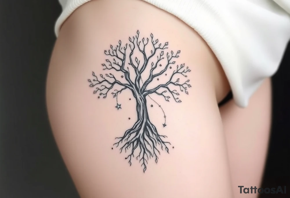 mystical tree of life with cosmic roots and celestial branches tattoo idea