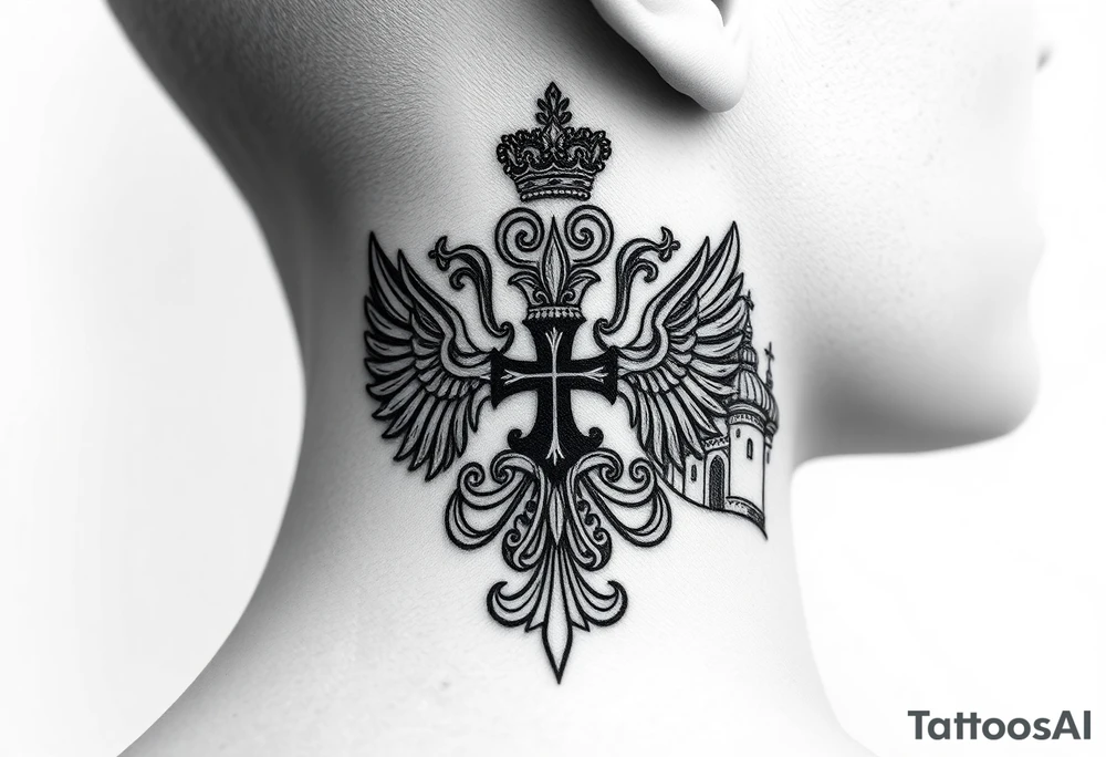 russian coat arms in a russian christian orthodox cross with the cross in the middle with a virgin mary & orthodox dome church on the side of the neck tattoo idea