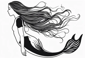 mermaid, long hair, diving like a dolphin face in profile tattoo idea