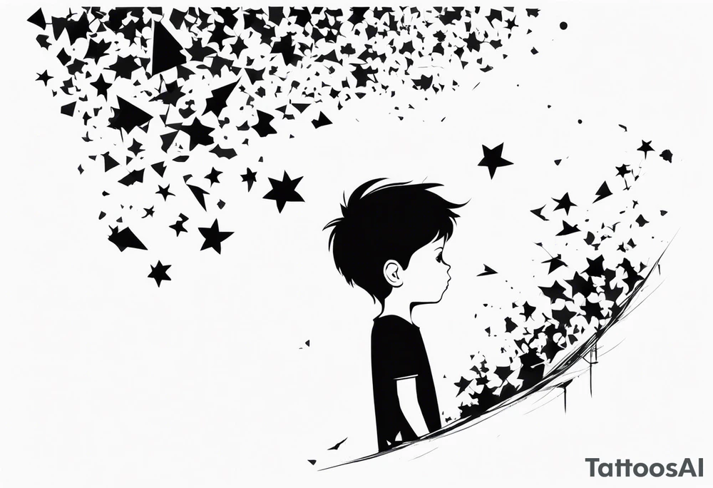 boy looking up into the sky, the boy is made of broken pieces tattoo idea