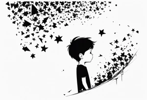boy looking up into the sky, the boy is made of broken pieces tattoo idea
