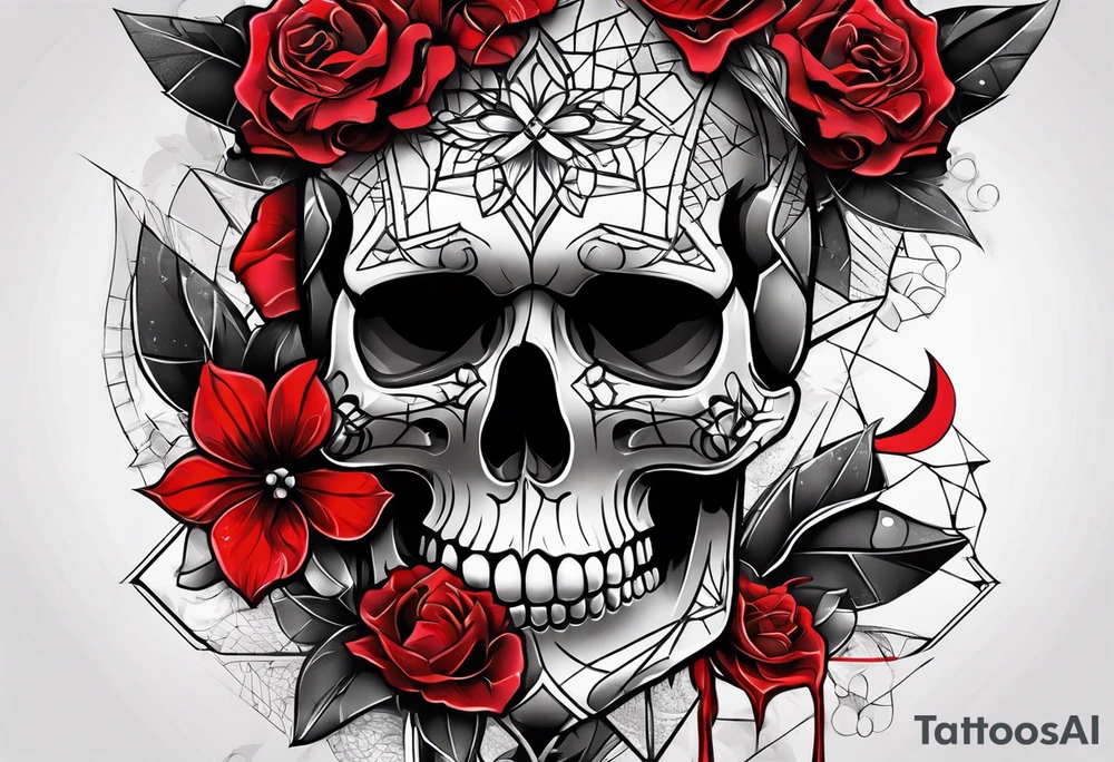 Skull Knee tattoo with flowers and geometric shapes, tints of red tattoo idea