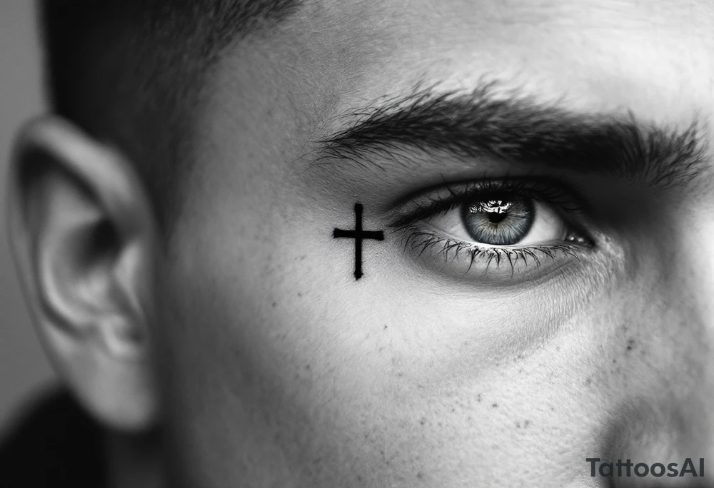 A small, sharp-edged black cross tattoo placed just beneath the outer corner of the eye on face. tattoo idea