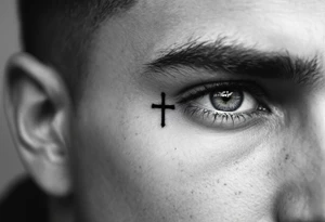 A small, sharp-edged black cross tattoo placed just beneath the outer corner of the eye on face. tattoo idea