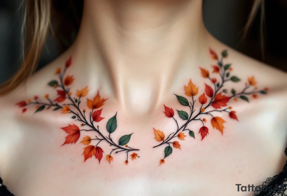 Two separate collarbone tattoos of long, stems and branches covered with red, orange, yellow and dark forest green leaves and flowers, fall themed, muted, delicate and gentle but moody, long and thin, following the collarbone. More muted, not so bright, darker colors tattoo idea