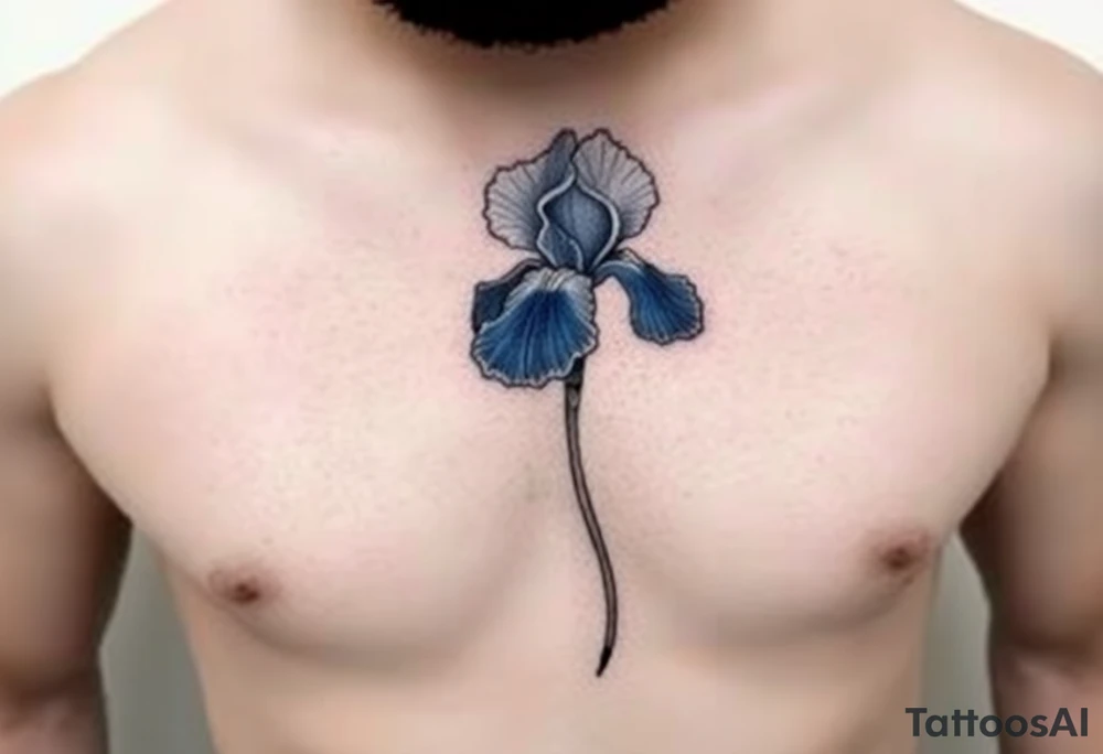 Single blue iris flower in the style of Van Gogh. One petal falling and one upright. On stomach. tattoo idea