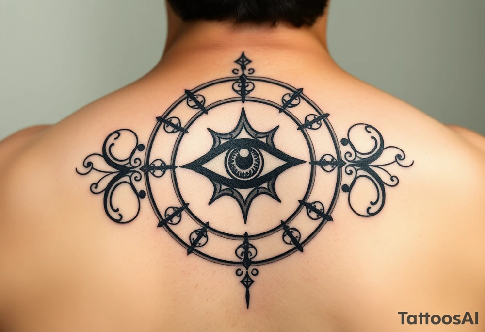 A abundance and protection symbol with an evil eye protection symbol (not an eye) in full color in the center of it.  I’d like it windy very small “so mote it be” with a magic wand tattoo idea