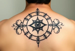 A abundance and protection symbol with an evil eye protection symbol (not an eye) in full color in the center of it.  I’d like it windy very small “so mote it be” with a magic wand tattoo idea