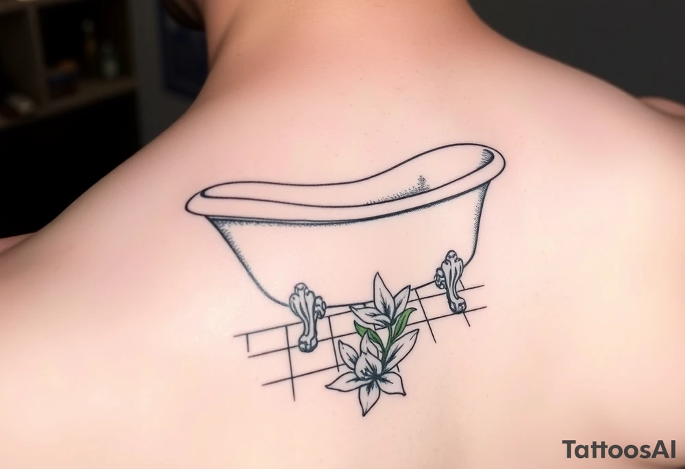 clawfoot bathtub with simple faucet and lily coming up out of the tile floor tattoo idea