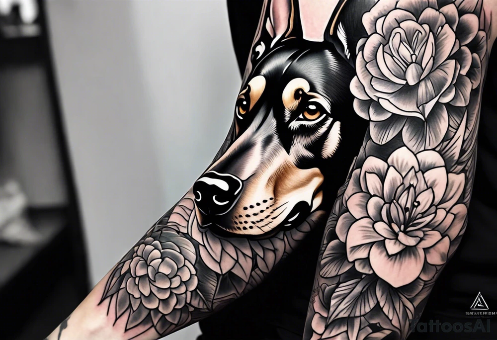 doberman tropical/floral arm sleeve tattoo idea