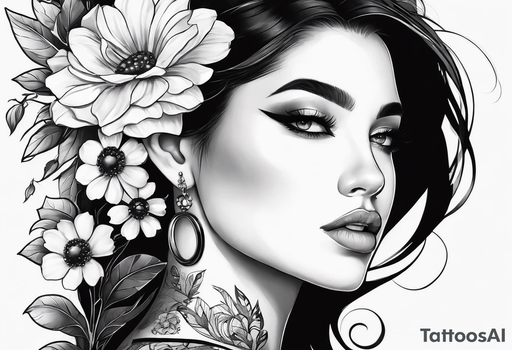 side profile of one women with flower on ear with lady bugs on the flower tattoo idea
