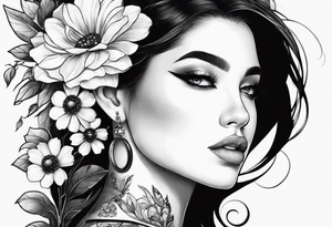 side profile of one women with flower on ear with lady bugs on the flower tattoo idea