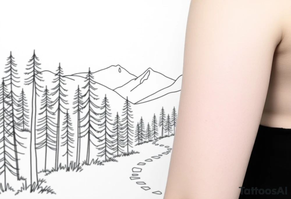 A path in the woods with mountains in the background. The path should be subtle and the tattoo should be fine line tattoo idea