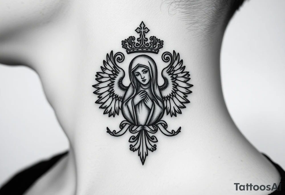 russian coat arms in a christian orthodox style virgin mary on the side of the neck tattoo idea