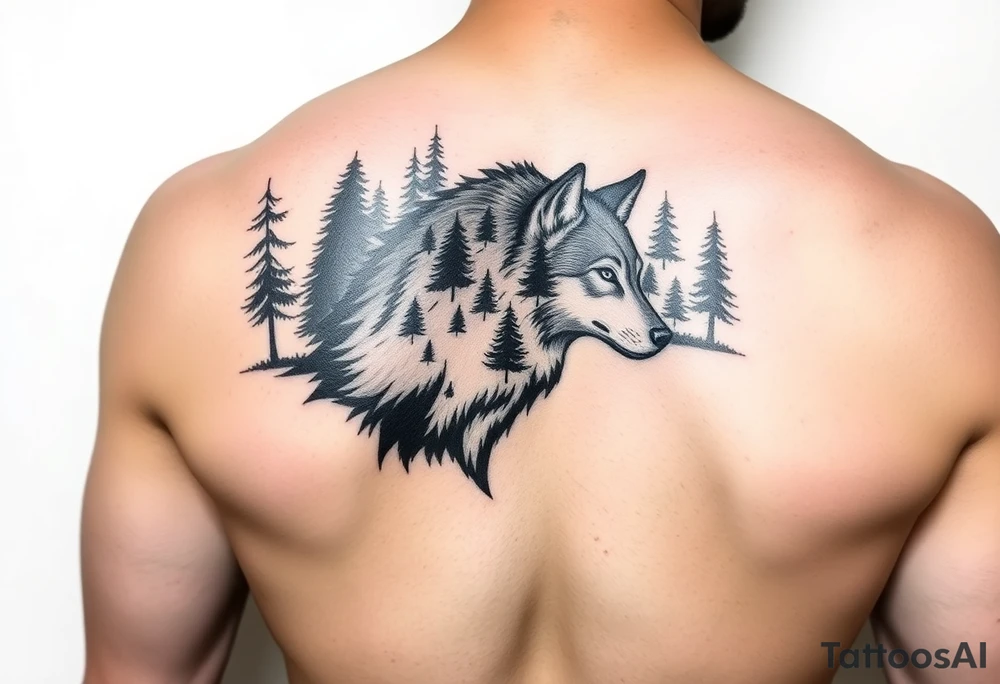 Wolf with forest in the background on the arm tattoo idea