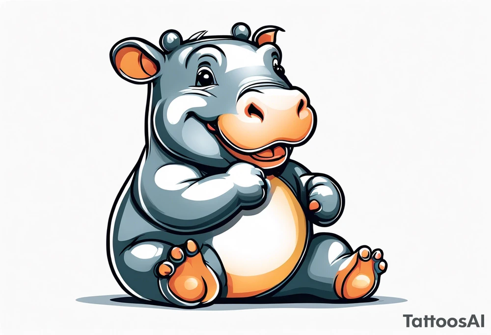 Baby hippo wearing a overalls and holding up his middle finger tattoo idea