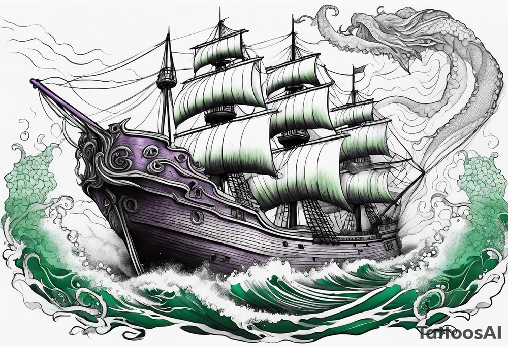 Purple and green kraken breaking brown ship tattoo idea