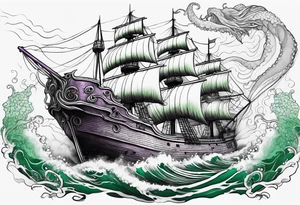 Purple and green kraken breaking brown ship tattoo idea