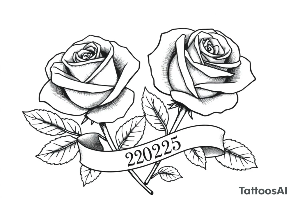 two beautiful large rose buds, one larger than the other, with lots and lots of leaves next to the rose buds, with one sitting slightly higher than the other, side-by-side.  Include a banner connecting the two roses with the year 2025 on it.   Use dark outlines with little shading. Remove all stems from the roses. tattoo idea
