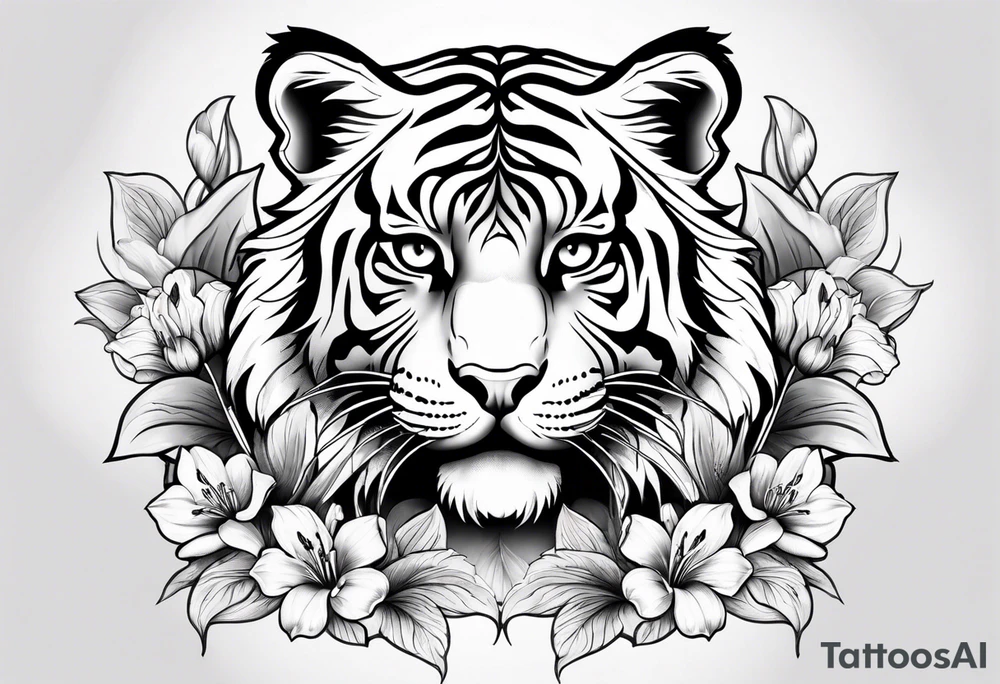 cute tiger with lily flowers tattoo idea