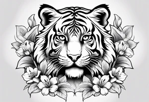 cute tiger with lily flowers tattoo idea