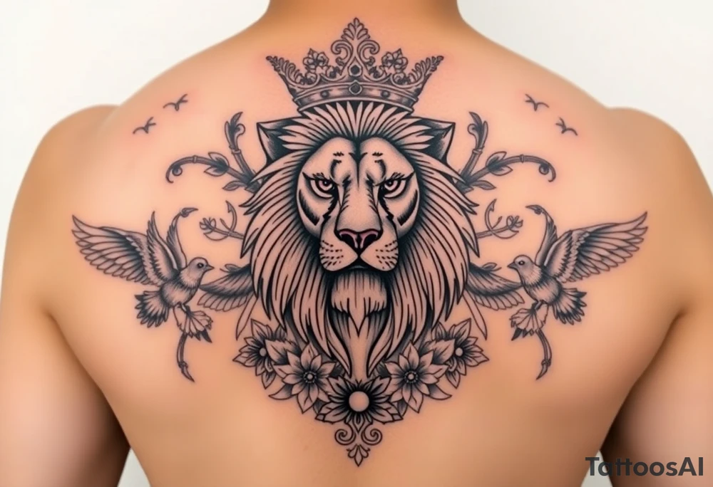 powerful majestic lion with a crown, surrounded by floral ornaments and birds tattoo idea