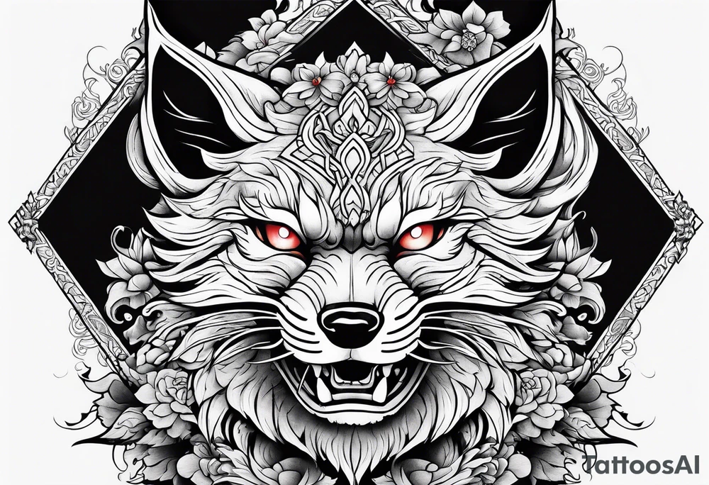 Split one side kitsune, other side oni mask tattoo idea Split one side kitsune, other side oni mask tattoo idea