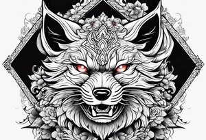 Split one side kitsune, other side oni mask tattoo idea