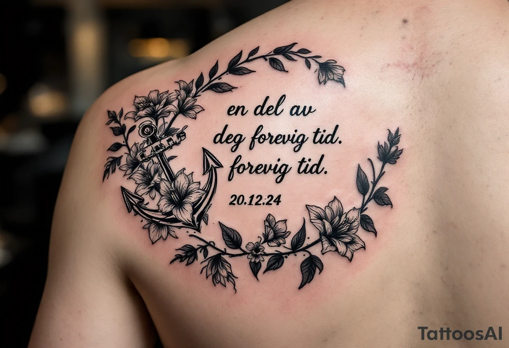 Quote: en del av deg forevig tid. Pappa 20.12.24
Surround the quote with gladiolius, notes, a heart and an anchor tattoo idea