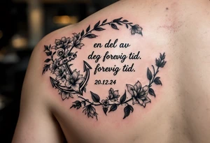 Quote: en del av deg forevig tid. Pappa 20.12.24
Surround the quote with gladiolius, notes, a heart and an anchor tattoo idea