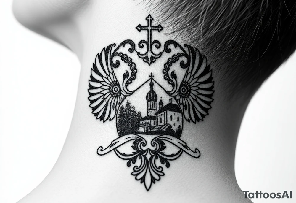Traditional authentic Russian coat of arms with a Christian orthodox virgin marry in the middle and silhouette in a Russian wilderness Christian orthodoxy dome church village setting tattoo idea