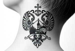 Traditional authentic Russian coat of arms with a Christian orthodox virgin marry in the middle and silhouette in a Russian wilderness Christian orthodoxy dome church village setting tattoo idea